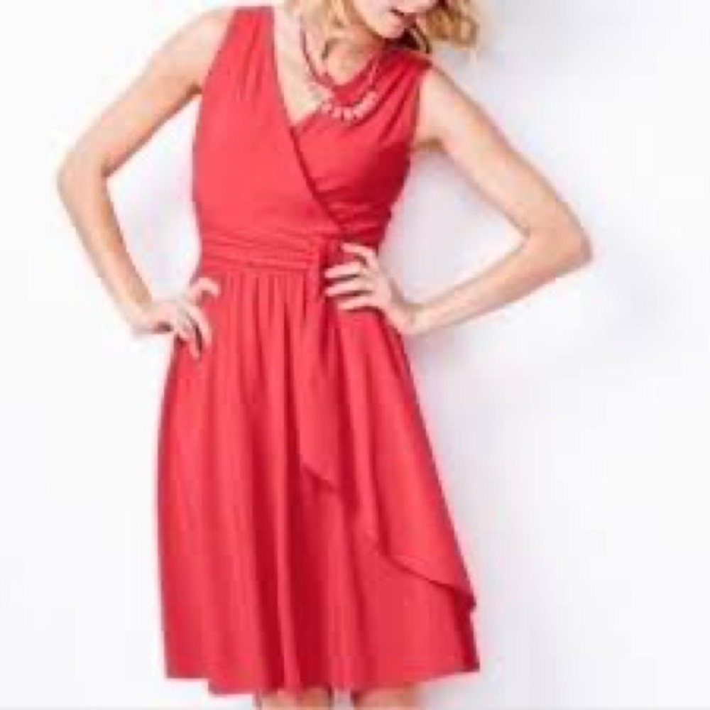 Garnet Hill Goddess Siren Knit Surplice Ruffle Dress Persimmon Salmon Pink Small